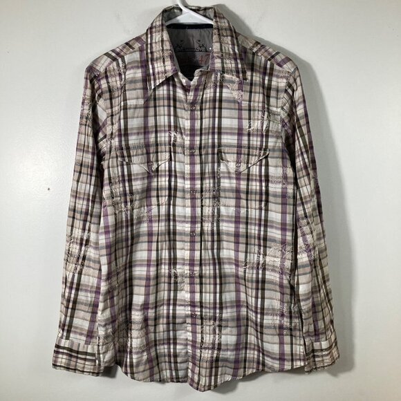 Mens Rock 47 Western Rodeo Pearl Snap Embroidered Shirt Purple Tan White M - Picture 1 of 7